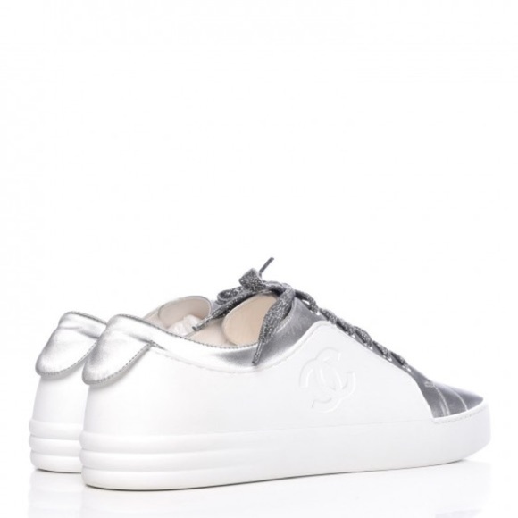 NIB Chanel Iridescent Goatskin Womens Sneakers 41 White Silver - Picture 4 of 16